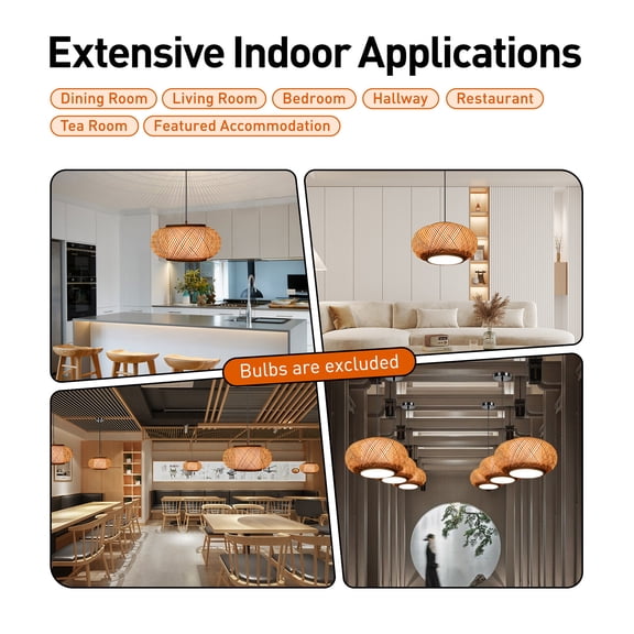 110-220V 60W Round Vintage Hanging Ceiling Lamp Bamboo Wicker Rattan Pendant Light Fixture Applicable Area 20-30m² for Cafes, Restaurants, Bars