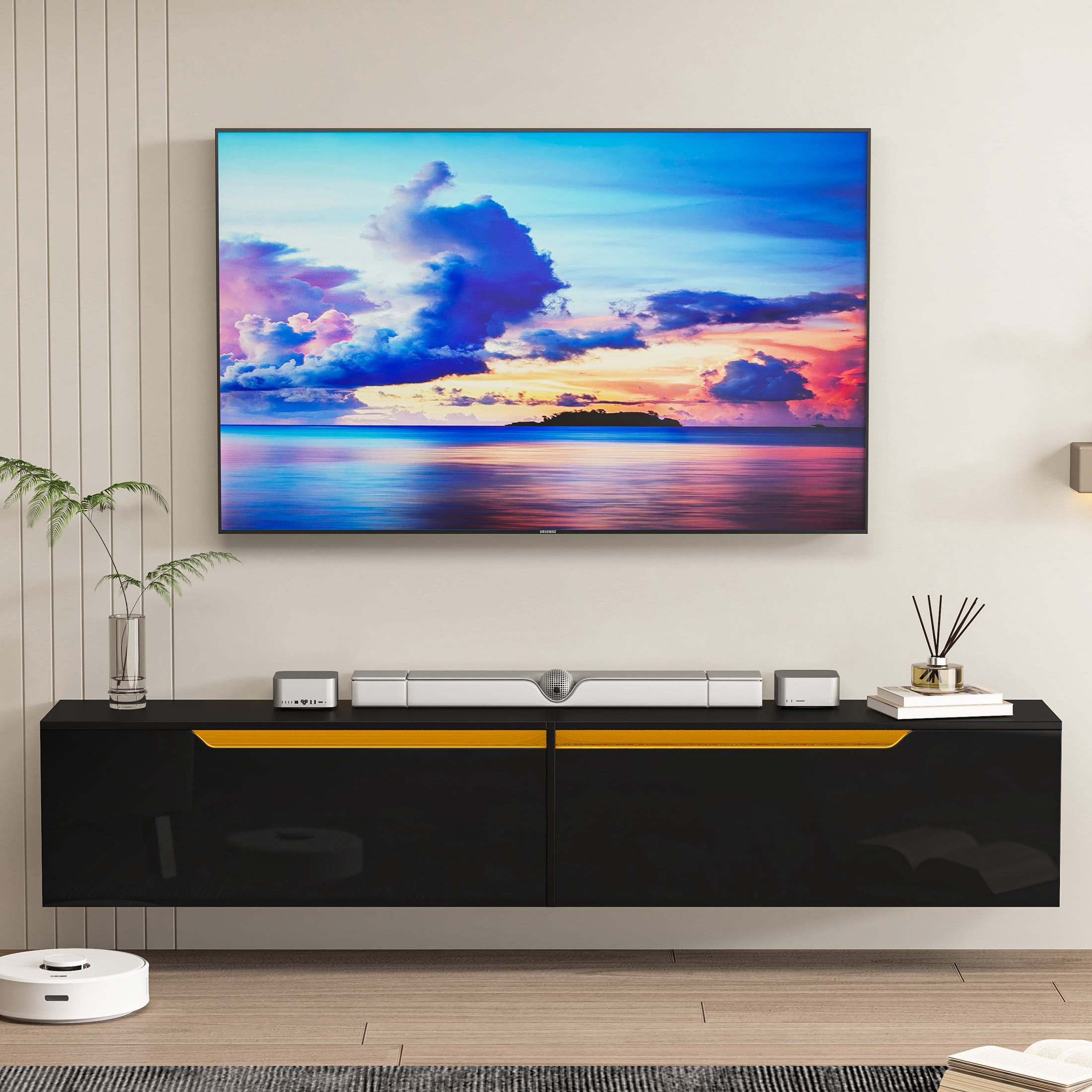 SIKHST LED Floating TV Stand Wall Mounted for 85 inch TV, Media Entertainment Center Console Table with Storage Cabinet for Living Room,Black