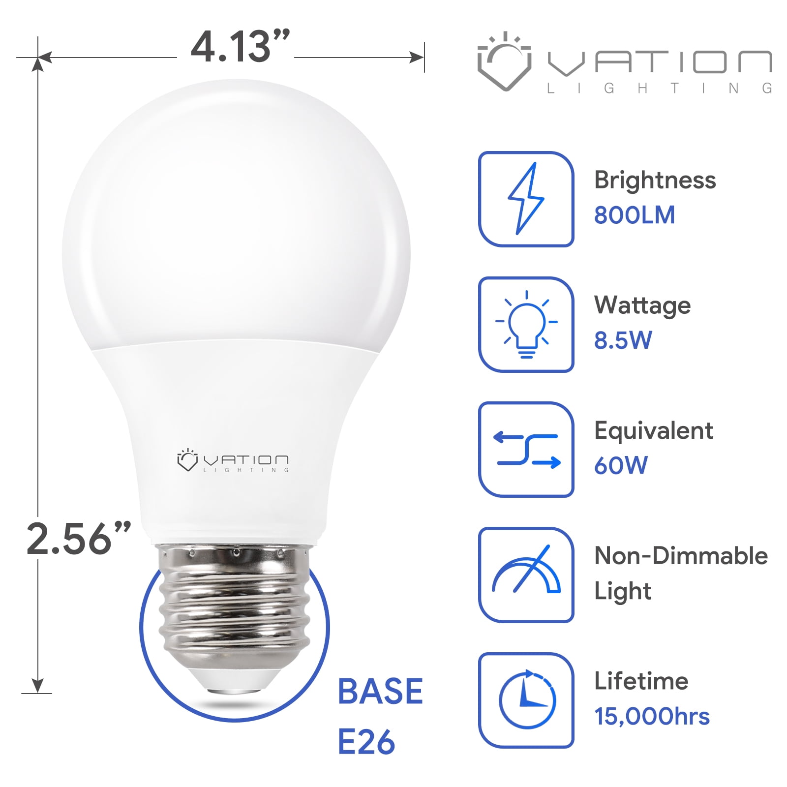 VATION LIGHTING A19 LED Light Bulbs 60W Softwhite 2700K, 8.5Watt Efficient, 60 Watt Equivalent, 800 Lumens, E26 Medium Base, Non-Dimmable, ETL/UL Listed, 24 Pack