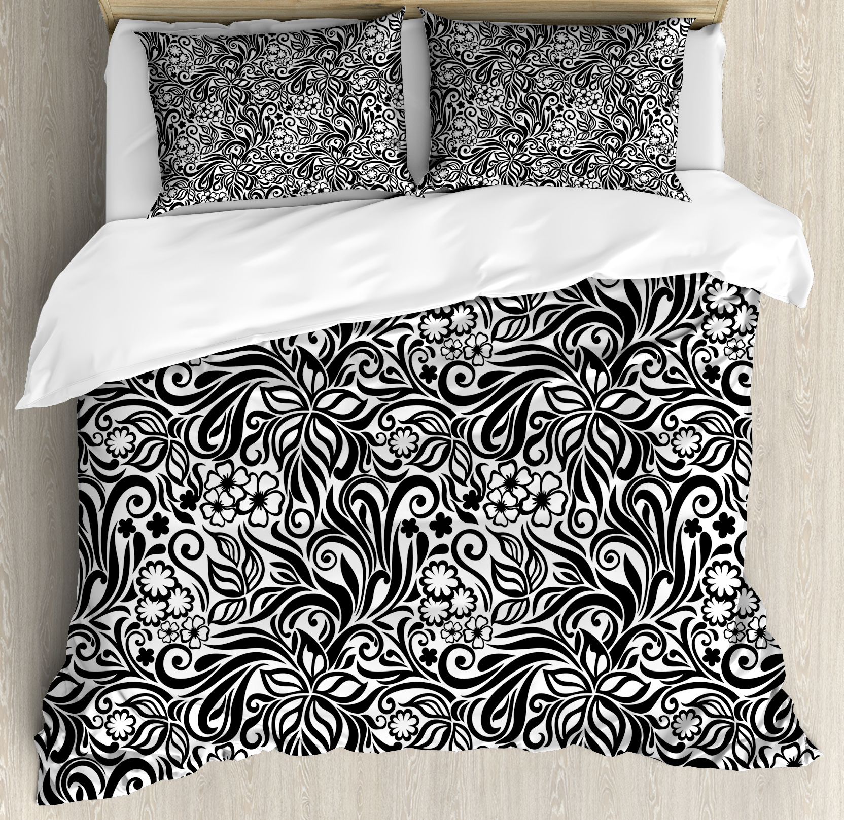 Black and White King Size Duvet Cover Set, Western Scroll Pattern
