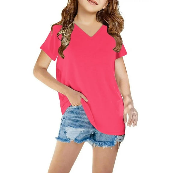 HERESOM Shirts for Girls Short Sleeve Solid T-Shirt V Neck Top Summer Fashion Girls And Boy T-Shirt Tee for 3-14 Years