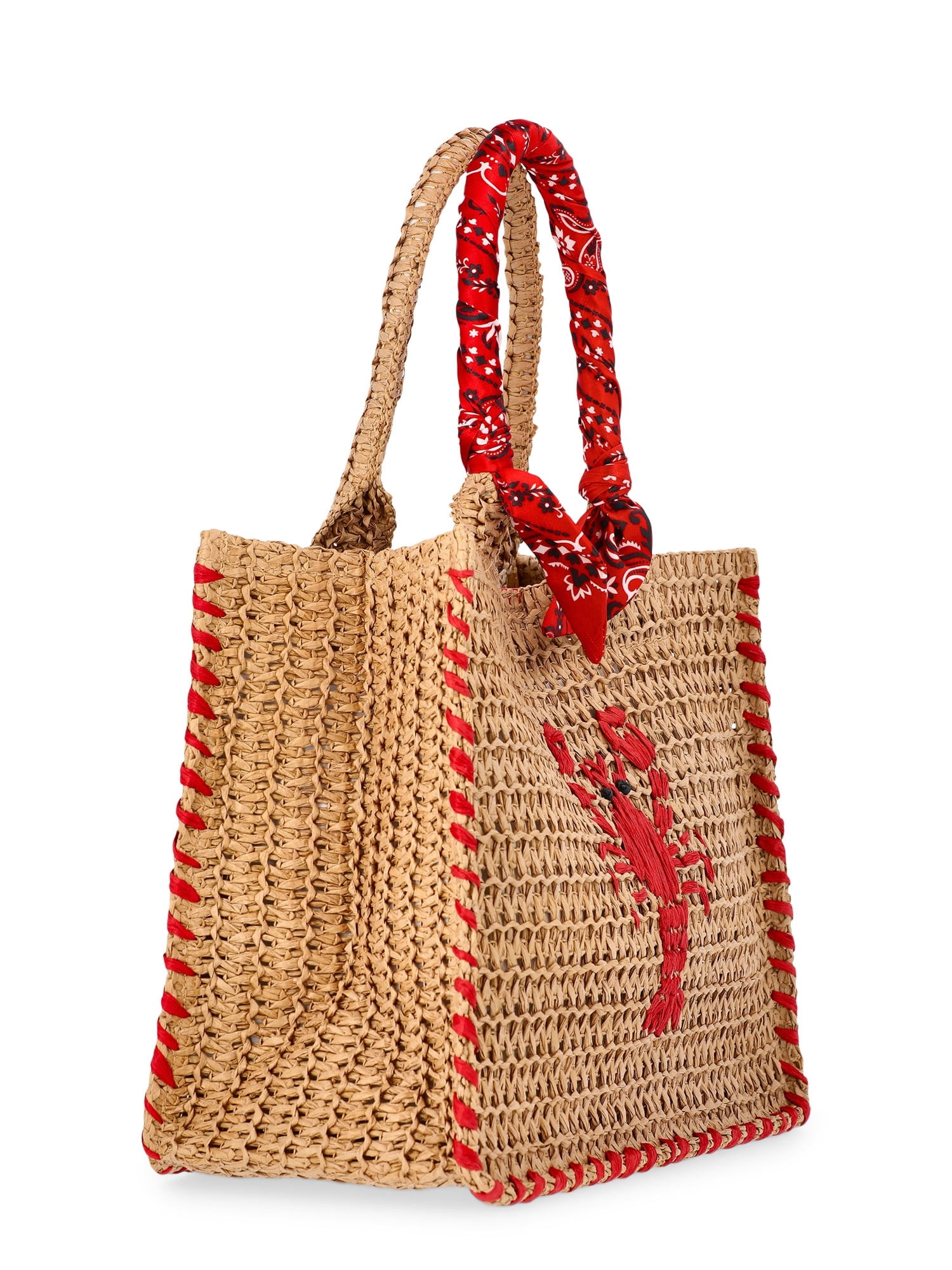 No Boundaries Women's Beach Icons Mini Straw Tote Bag, Natural with Lobster Embroidery