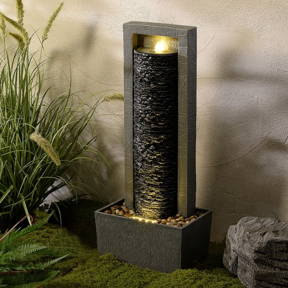 Teamson Home Framed Layered Rock Design Outdoor Water Fountain, Warm Glow Lighting with Steady Flow & Electric Pump, Dark Gray