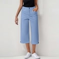 thumbnail image 2 of YOIAVAIOY Capri Pants for Women Business Casual Loose Fit Work Cropped Pants Button Stretchy Solid Capris with Pockets Blue M, 2 of 7