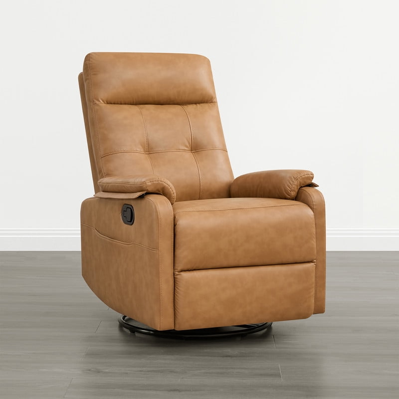 Spruce & Spring Manual Swivel Recliner Chair with Storage Pocket & Cup Holders for Living Room & Bedroom, Saddle Brown Faux Leather