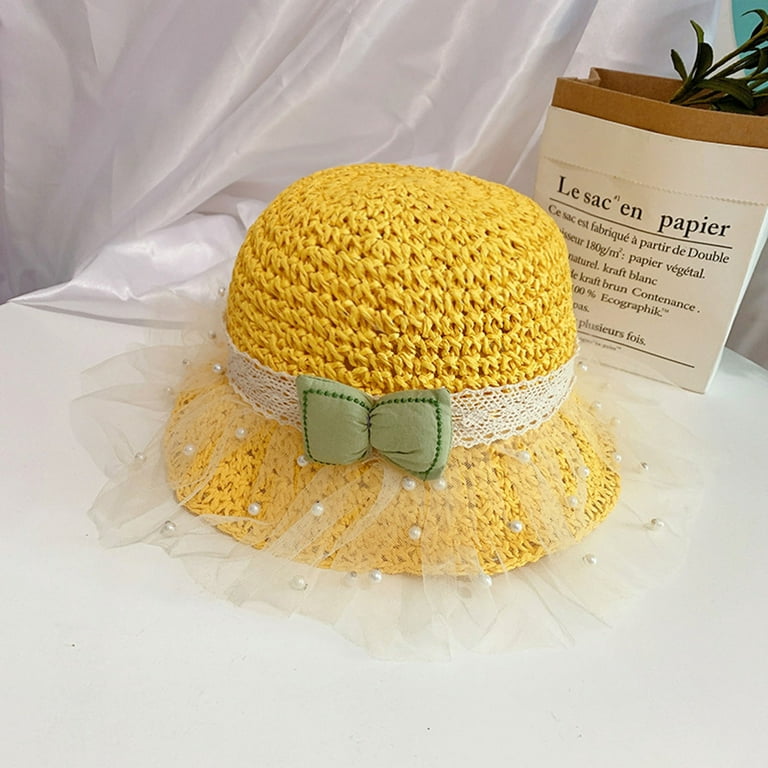 Kids Girls Straw Sun Hat, Bowknot Design Net yarn Breathable Durable Wide  Brim Sun Protection Visor Bucket Hat Cap with Chin Strap For Chirdren  Summer