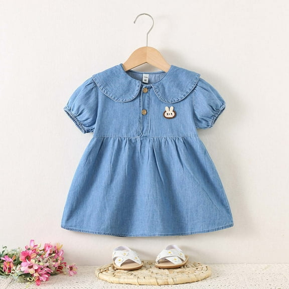 THDHVS Girls Summer Dresses, Dresses for Kids, Toddler Kids Baby Girls' Summer Fashion Cute Cowboy Dress With Collar and Short Sleeve Dress Blue 4-5 Years