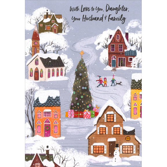 Designer Greetings Snow Covered Town : Thin and Tall Evergreen Tree Daughter, Husband and Family Christmas Card
