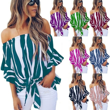 - Women Summer Casual Falbala Flare Short Sleeves Loose T-shirt Crop Tops Sexy Off Shoulder Stripe Printed Chiffon Shirt