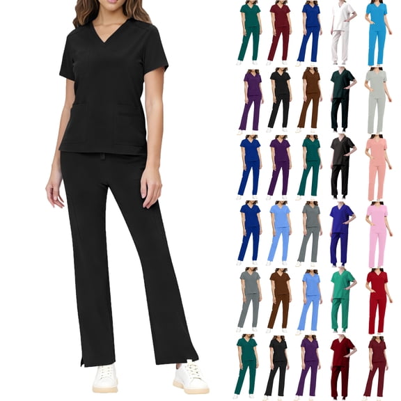 Scrub Sets for Woman Plus Size Short Sleeve V-Neck Solid Color Nursing Uniform Tops and Pants 2 Pieces with Pockets