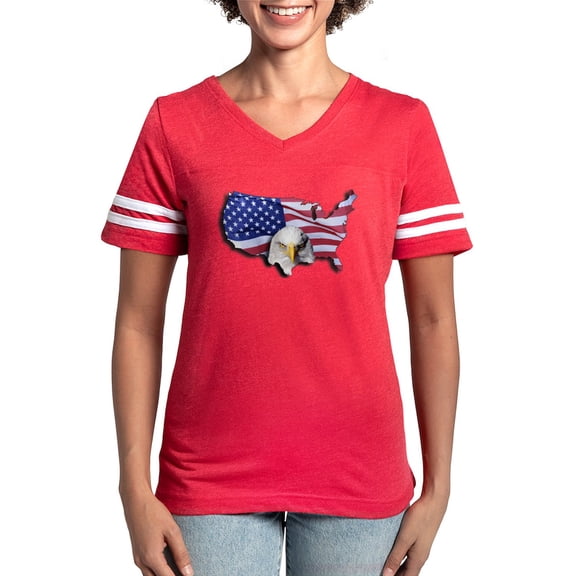 CafePress - Bald Eagle Over American Flag T Shirt - Womens Football Shirt