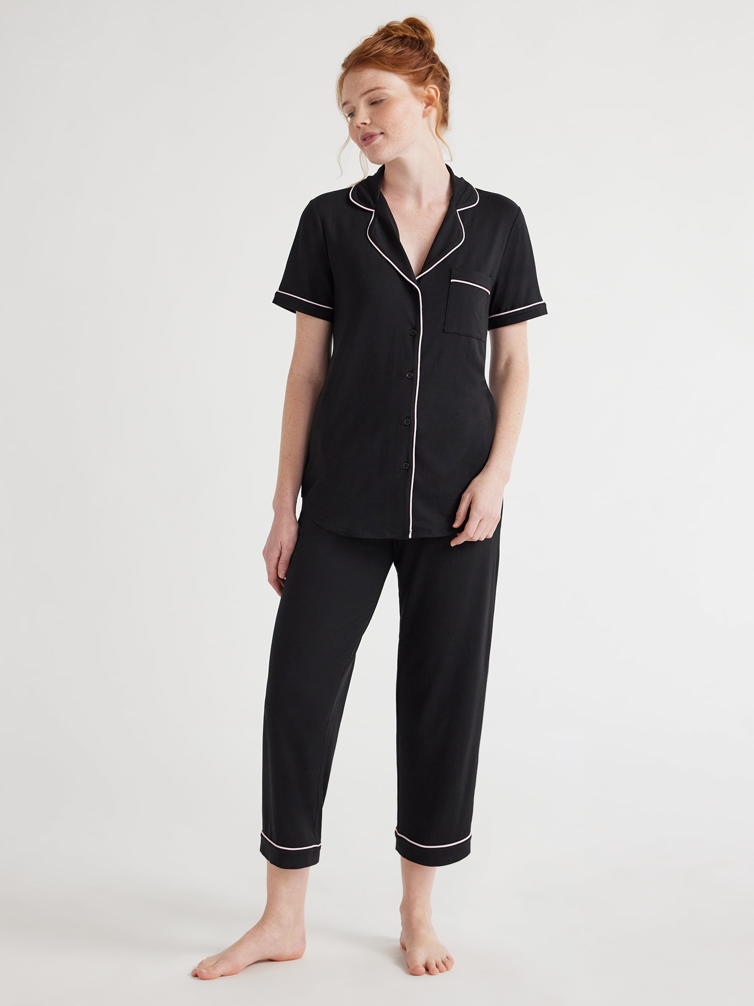 Joyspun Women's Knit Short Sleeve Notch Collar Top and Capri Pajama Set, 2-Piece, Sizes S to 3X