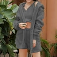 thumbnail image 4 of Women Fuzzy 3 Piece Pajamas Solid Color Cozy Fleece Hooded Cardigan Sleeveless Crop Tops and Shorts Warm Pajama Set (Dark Gray 3XL), 4 of 6