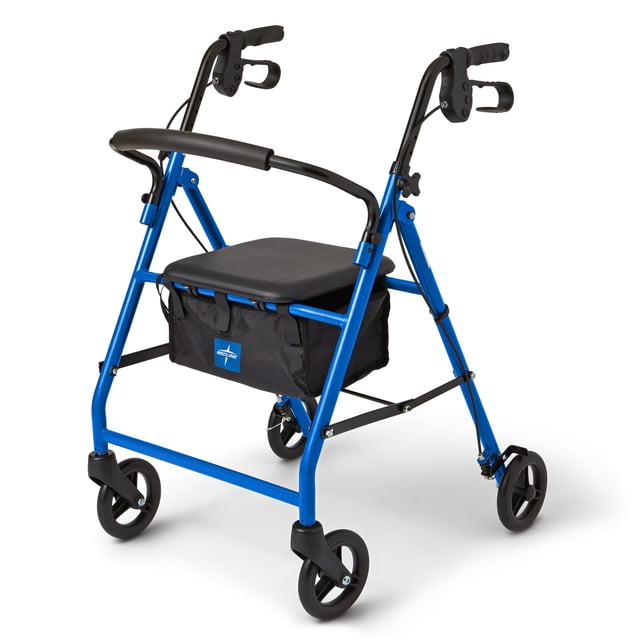 Andador con ruedas Medline de acero para adultos con movilidad reducida, color azul, capacidad de peso de 158 kg, ruedas de 15 cm, plegable, asas ajustables, ideal para personas mayores.