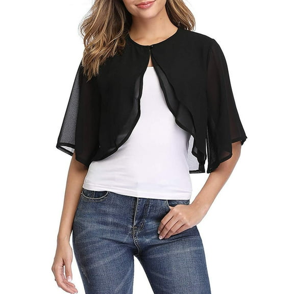 Hanerdun Womens Chiffon Cropped Cardigan 3/4 Sleeve Casual Open Front Shrugs Sheer for Evening Dresses XL