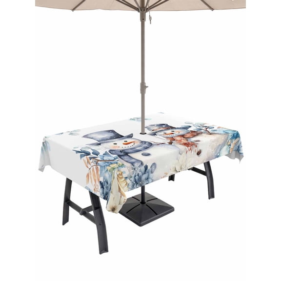Outdoor Tablecloth with Umbrella Hole and Zipper, Blue Snowman Rectangle Table Cloth 60x120 Inch Waterproof Tablecloth, Eucalyptus Christmas Poinsettia Winter Snowy Picnic Table Cover for Patio