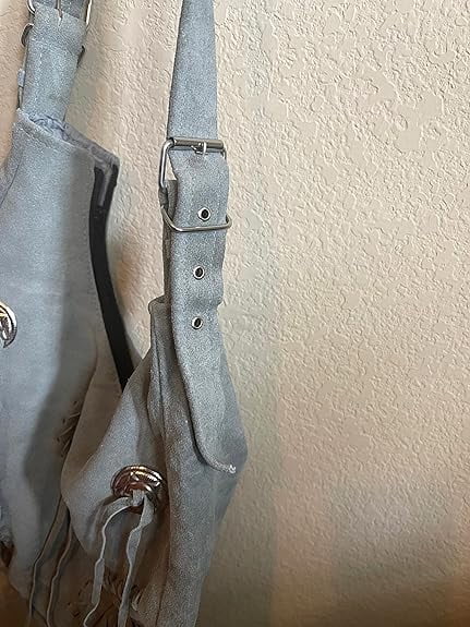 Fringe Suede Leather Purse Bag Cross Body Shoulder Straps Southwest Cabochon~Gray