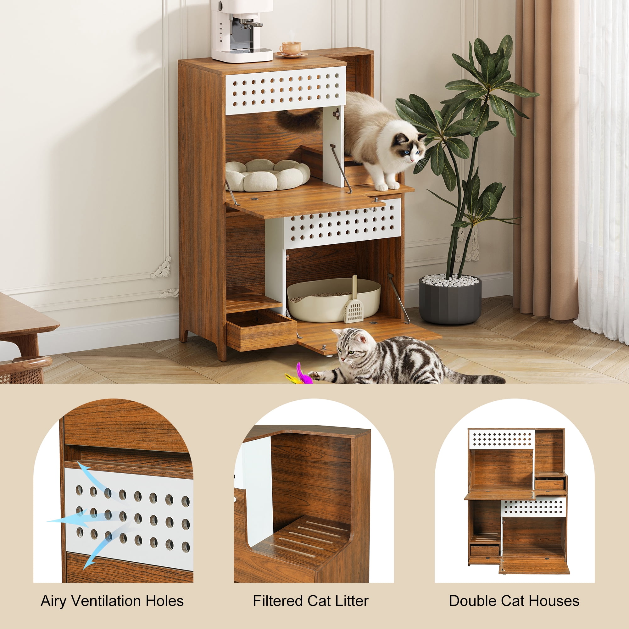 Modern 2-in-1 Cat Litter Box Enclosure, Brown Hidden Cat House Side Table with Storage, Ventilated Perforated Panel Pet Furniture, Heavy-Duty MDF Cabinet for 2 Small to Medium Cats