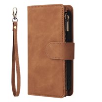 Dteck Wallet Case for Samsung Galaxy A14 5G, Premium PU Leather Zipper Flip Folio Wallet with Wrist Strap Magnetic Closure Built-in Kickstand Protective Case,Brown