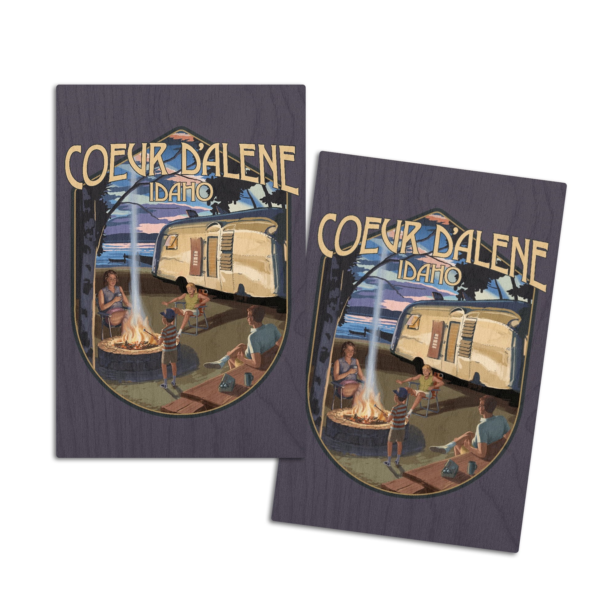 Coeur d'Alene, Idaho, Retro Camper and Lake, Contour (4x6 Birch Wood