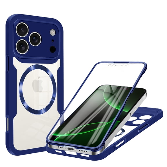 Meloyi for Apple iPhone 18 Pro Max Case with Built-In Screen Protector, Magnetic Dual-Layer PC Cover Compatible with MagSafe Anti-Scratch Clear Phone Case for Women Men, Blue