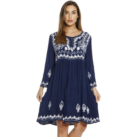 Riviera Sun 3/4 Sleeve Embroidered Button Front Tunic Dresses for Women (Black Denim, 2X)