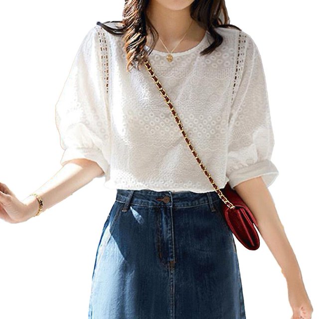 Camisas de encaje de algodón blanco Bordado casual Manga de linterna O-cuello suelto
