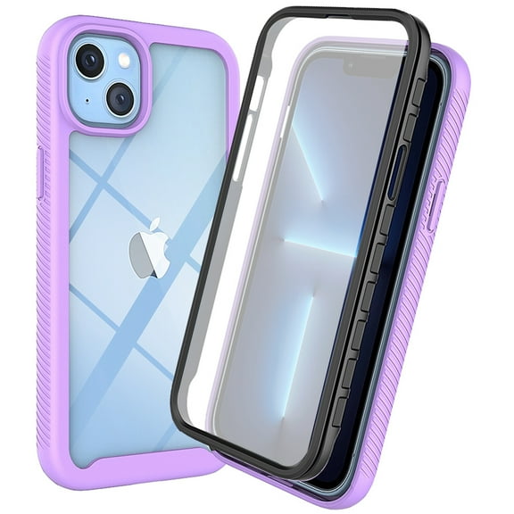 iPhone 14 Case with Built in Screen Protector,Dteck Full-Body Shockproof Rubber Hybrid Protection Crystal Clear PC Back Protective Phone Case Cover for iPhone 14,Purple