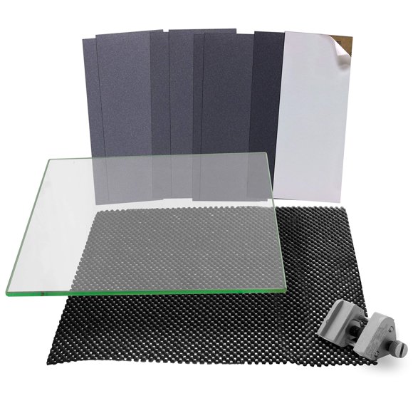 Peachtree Woodworking Supply Plate Glass Sharpening System (FINE) 9 7/8" wide x 11 13/16" long 5/16", 8 Sheets of Sticky Back (PSA) Sandpaper and One Non Slip Washable Rubber Mat