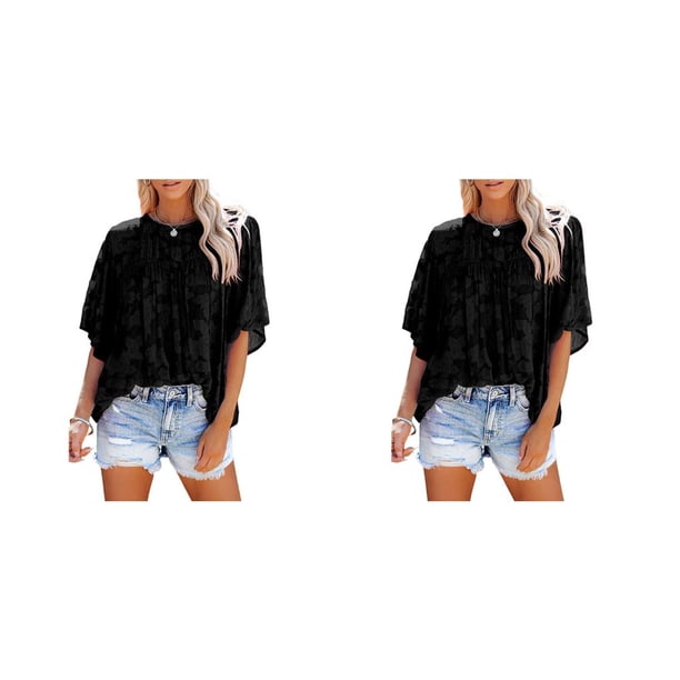Camisa de media manga con volantes Minnieouse Estética Elegante Blusa de encaje cómoda Playa Vacaciones Trabajo Ropa de verano