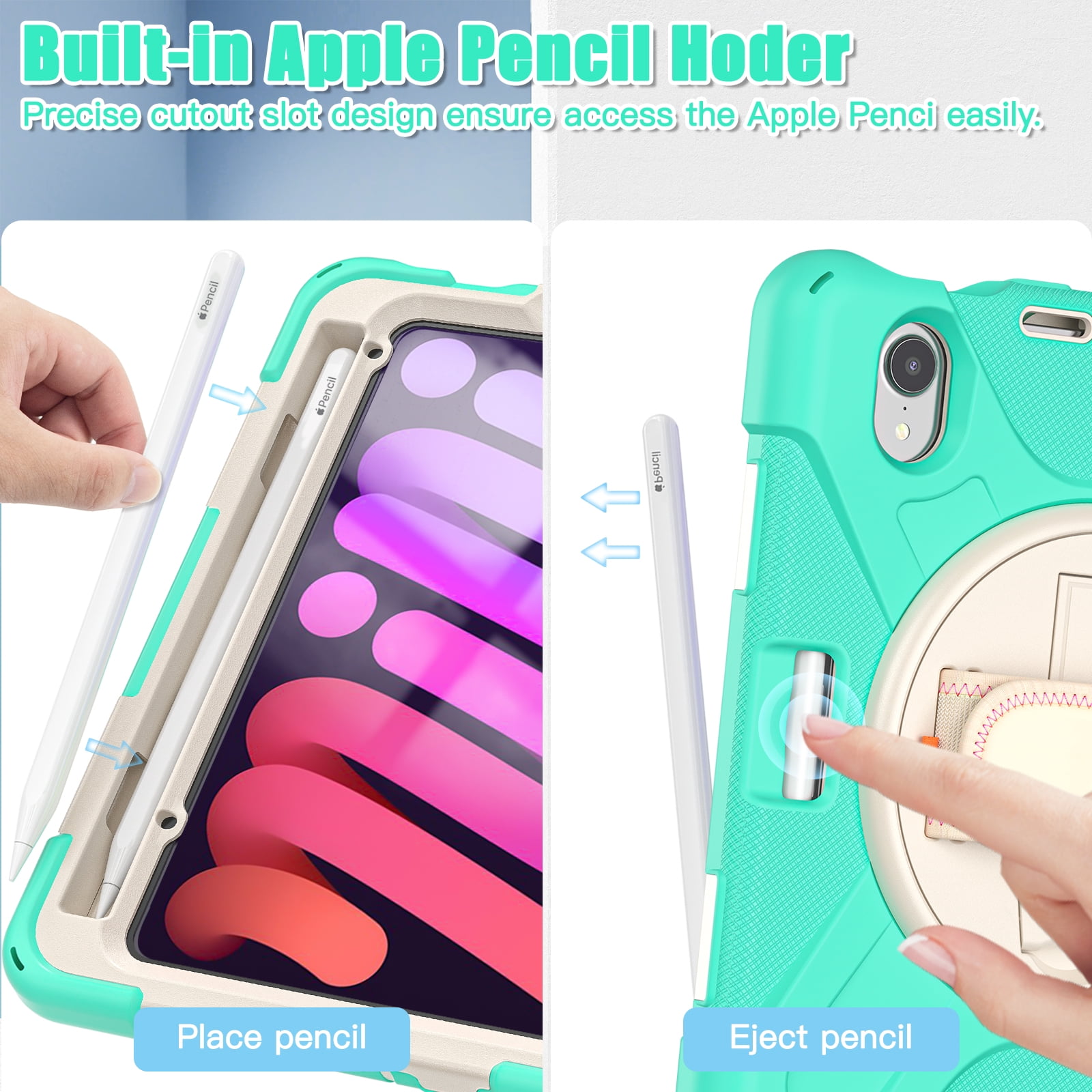 Portable Rugged Case for 2021 Apple iPad Mini 8.3" (6th Generation 2021 Release) - Rotating Stand Case with Adjustable Hand/Shoulder Strap, Built-in Pencil Holder, Shockproof Hard Cover (Mint Green)
