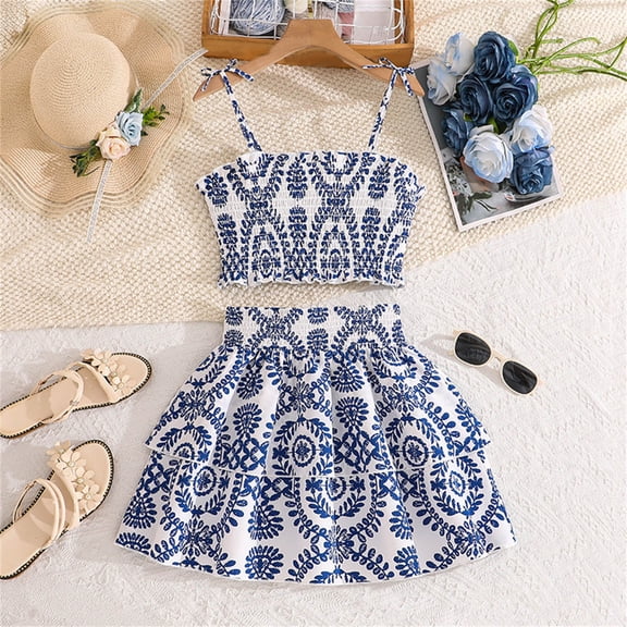 ZHOGXU Kids Girls Summer Outfits Spaghetti Strap Floral Print Tank Top With Ruffle Hem Skirt Fashion Comfortable Set For Casual Party Wear,Blue,7-8 Years
