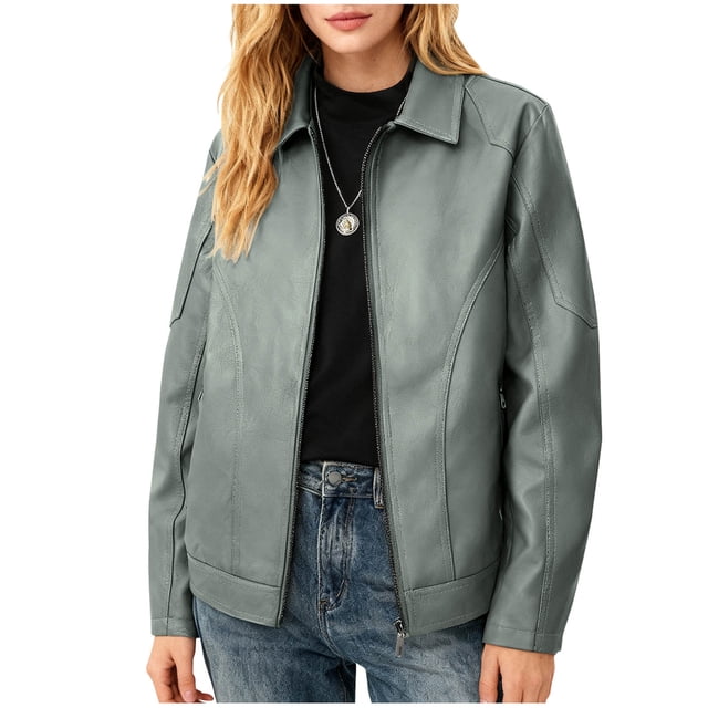 COM1950s Col pour Femmes, Haut en Faux Cuir, Manteau en Faux Cuir Uni pour Femmes, Manches Longues, Fermeture Éclair, Sans Capuche, Col Rabattu, Poche, Col en Faux Cuir pour Femmes