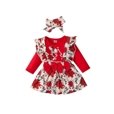 

Sunisery Newborn Baby Girl Long Sleeve Cotton Bodysuit Tops Floral Suspender Skirt Headband 3PCS Xmas Clothes Set