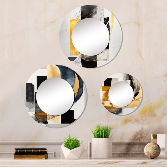Designart "Glamorous Art Deco Abstraction I" Abstract Round Mirror Set Of 3 - Transitional Black Round Living Room Wall Mirror Set