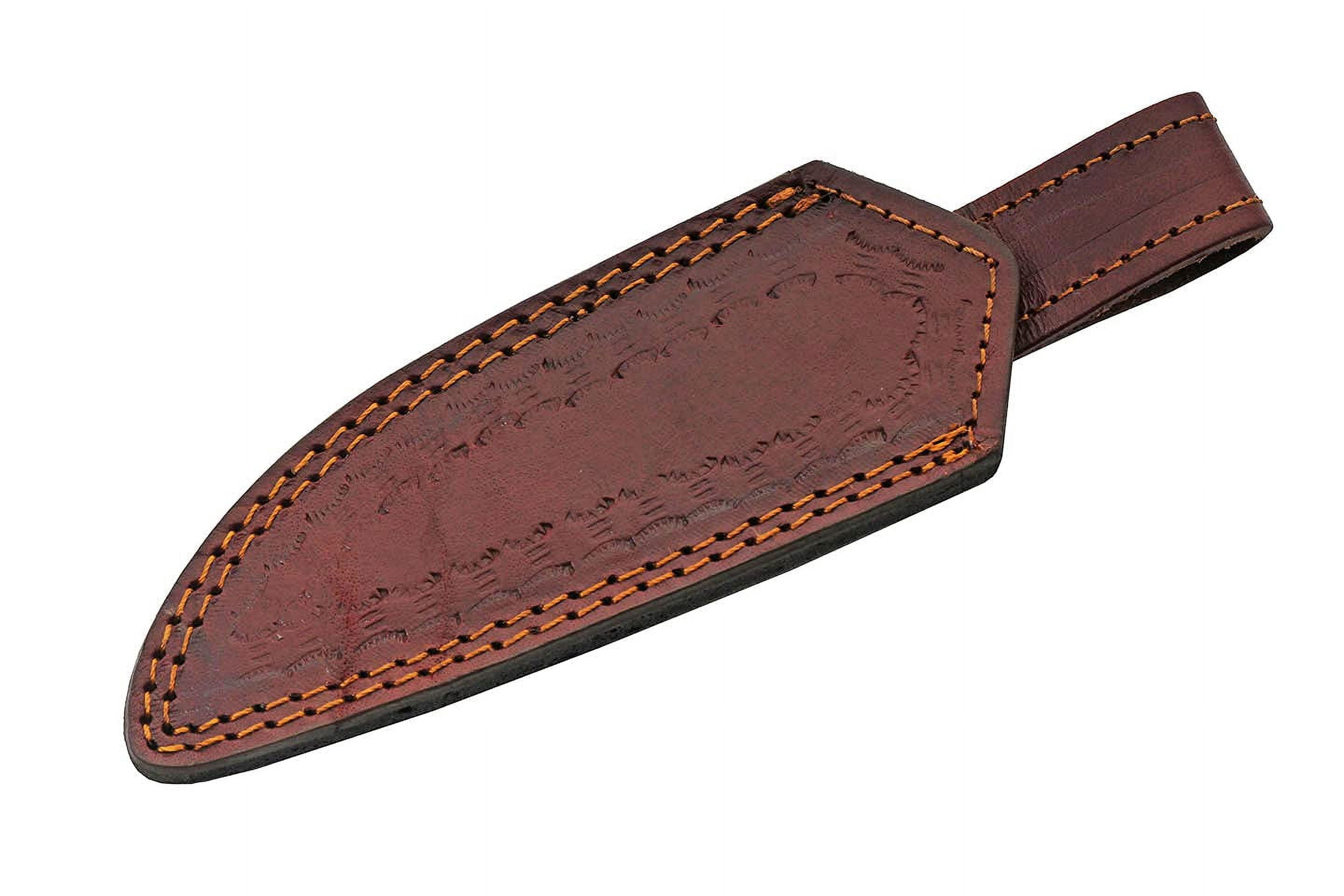 SZCO Supplies 8" Damascus Steel Fixed Blade Outdoor Knife with Twisted Orange Wood Handle and Leather Sheath