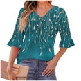 thumbnail image 5 of Guzom Carnival Womens Blue Teal V Neck 3/4 Sleeve Ruffled Cuff Top, 95% Polyester 5% Spandex Stretch Wrinkle Resistant Relaxed Fit Blouse for Daily & Casual Work (S-2XL),Size L, 5 of 7