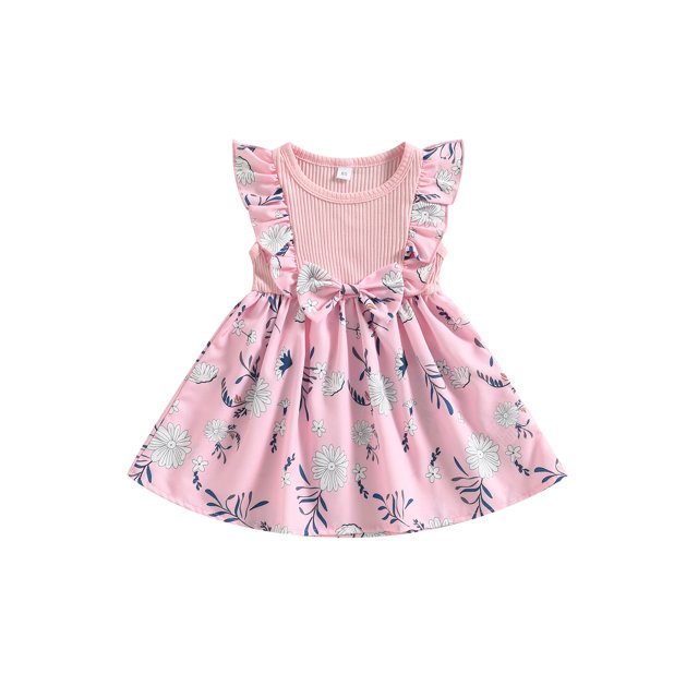 Kmbangi Robe Longue à Manches Volantes avec Nœud Papillon, Col Rond Imprimé Fleuri Robe Trapèze pour Bébé Enfants Fille Été 6M-4Y