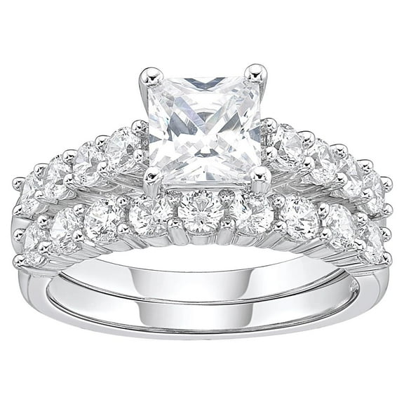 Jay Heart Designs 925 Sterling Silver Squared Simulated White Diamond Bridal Engagement Ring Set