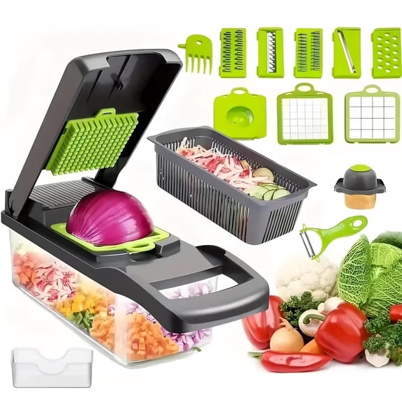 iHobby RC Vegetable Chopper, 12-in-1 Multifunctional Onion Chopper, Food Dicer with 7 Blades, Container, Drain Basket, Mandoline Slicer Kitchen Gadgets for Salad, Meal Prep & Potato