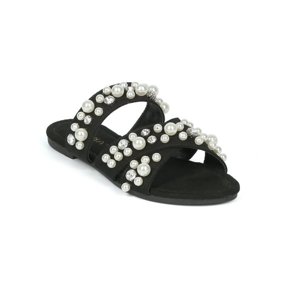 New Women Liliana Pearla-1 Suede Strappy Faux Pearl and Rhinestone Flat Sandal