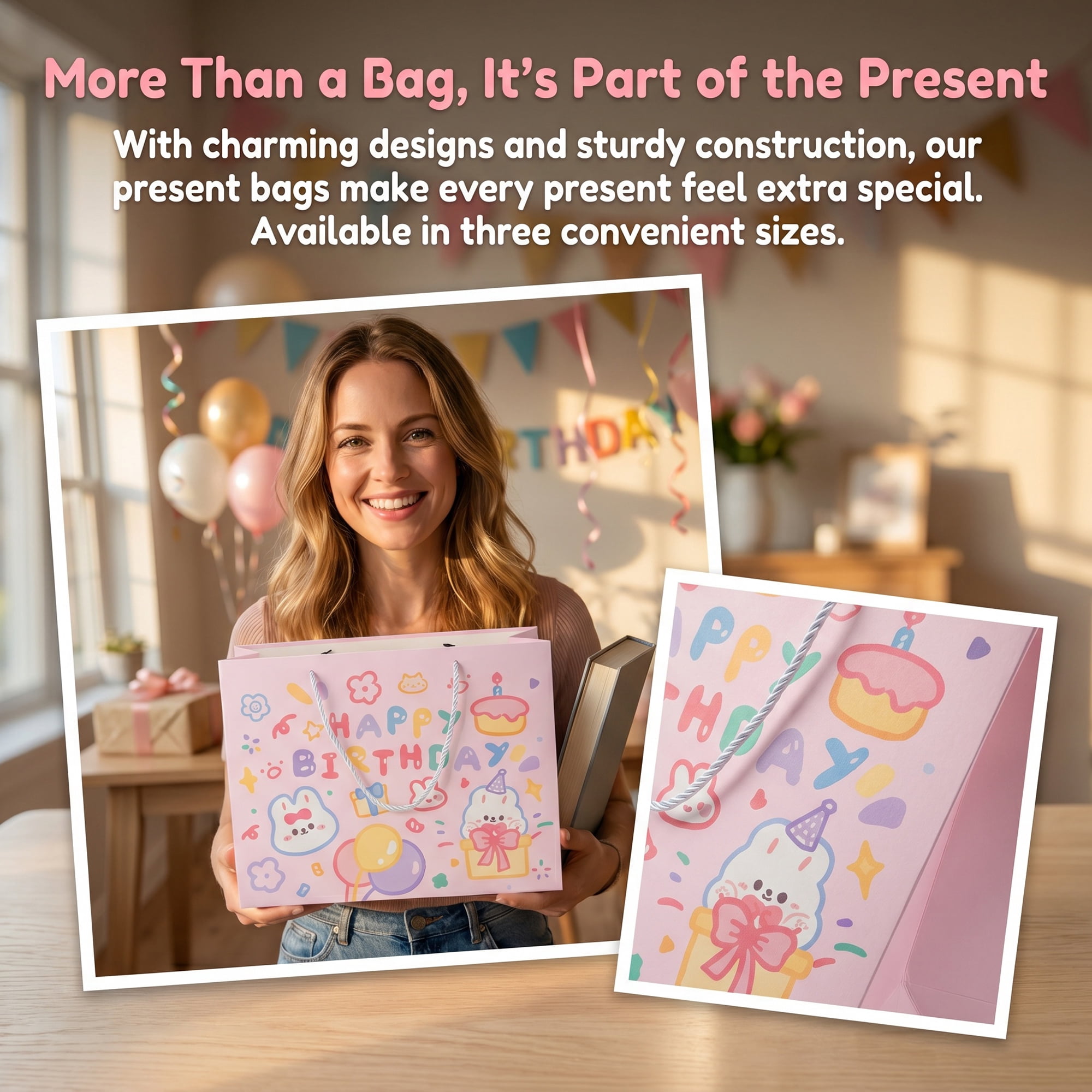 Unique Bargains 6Pcs Vibrant Cartoon Themed Birthday Gift Bags Pink 9.6" x 3.7" x 7.7"