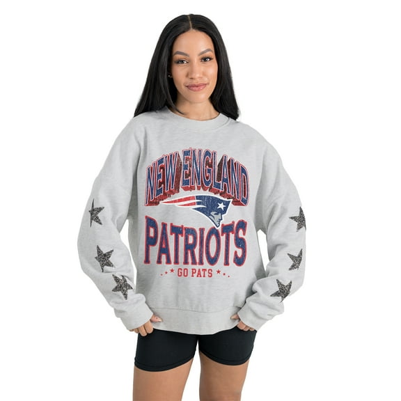 Women's Gameday Couture Ash New England Patriots Resilience Relaxed Rhinestone Pullover Sweatshirt