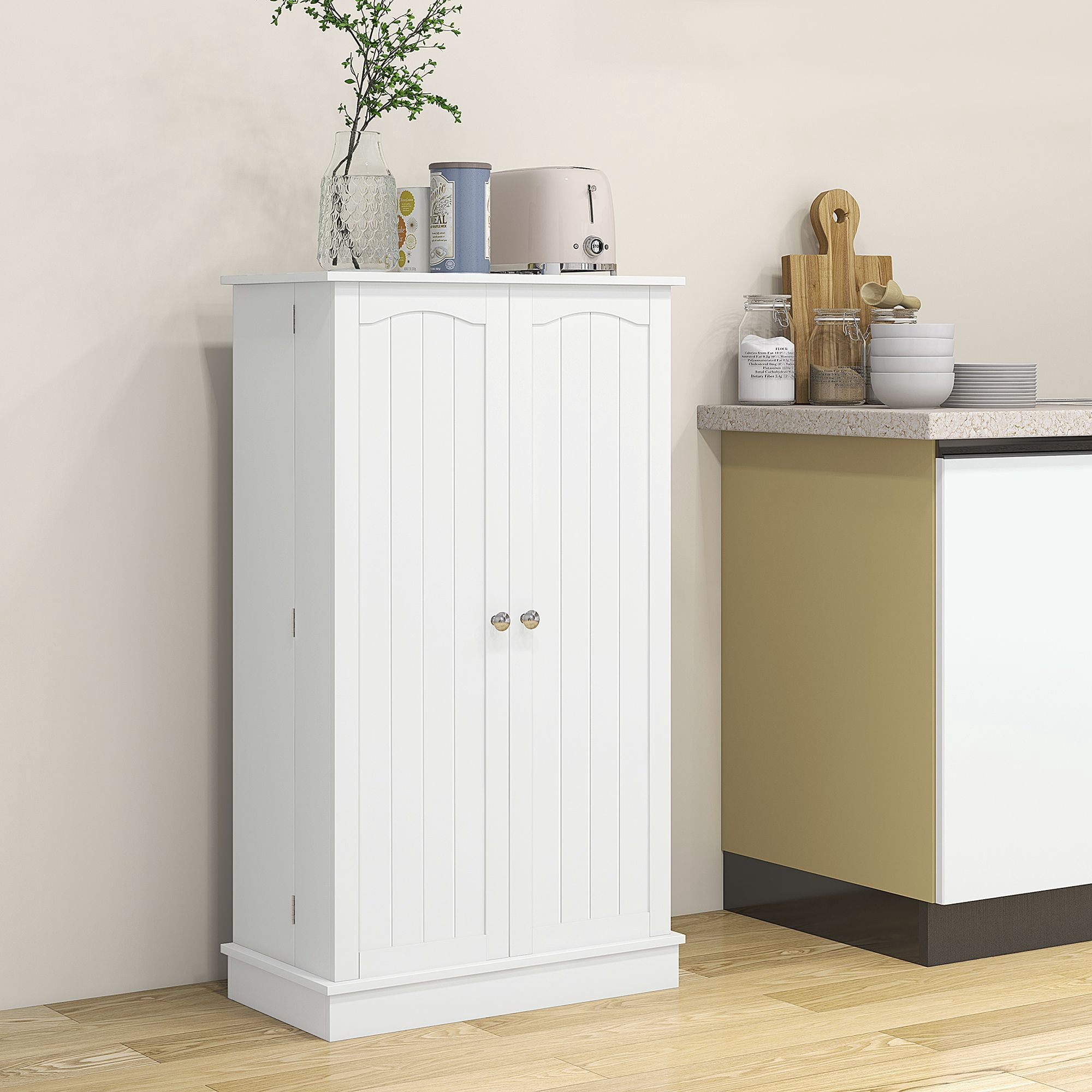 Kitchen Pantry Storage Cabinet with Adjustable Shelves & 12 Spice Racks, Freestanding Food Pantry Cupboard Anti-Tip Design MDF Organizer for Kitchen Dining Entryway White