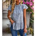 thumbnail image 2 of Blusa de manga con volantes florales Blusa de manga corta con cuello redondo plisada estampada para mujer Señora Verano Azul claro L, 2 of 8