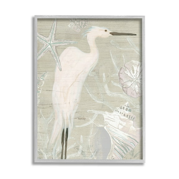 Stupell Industries White Egret Seashells Starfish Rustic Grain Pattern Graphic Art Gray Framed Art Print Wall Art, Design by June Erica Vess