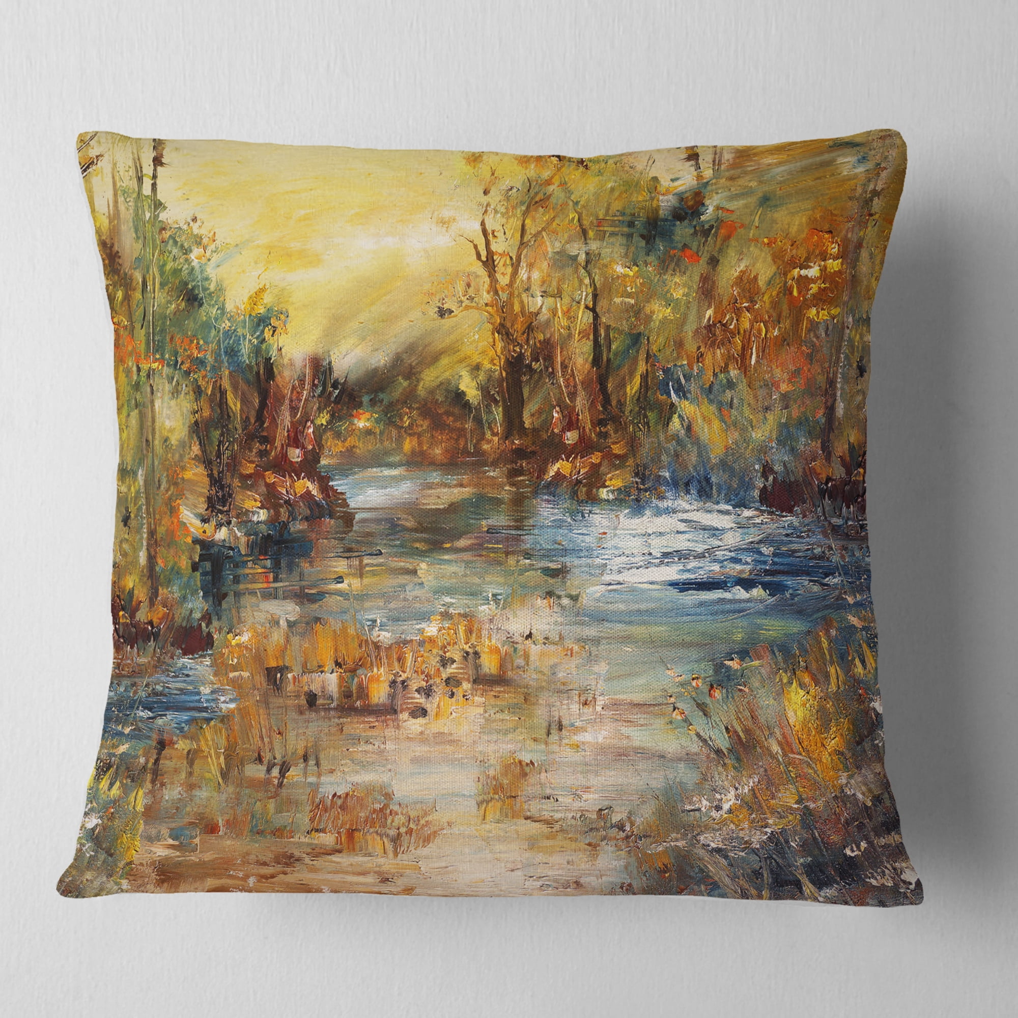 Designart River in Forest Oil Painting - Landscape Painting Throw Pillow - 16x16