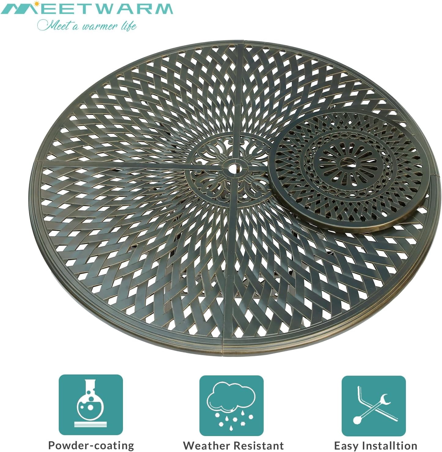 MEETWARM Outdoor 61" Round Patio Dining Table with Detachable Lazy Susan, All Weather Cast Aluminum Large Patio Furniture Table Set for 8 Seat with 24" Rotating Tray, Umbrella Hole, Dark Bronze