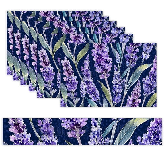 7 Piece Linen Table Runner and Placemats Set, Lavender Purple Pattern Round Corner Heat Resistant Washable Table Mats for Home Kitchen Dining Party Decoration