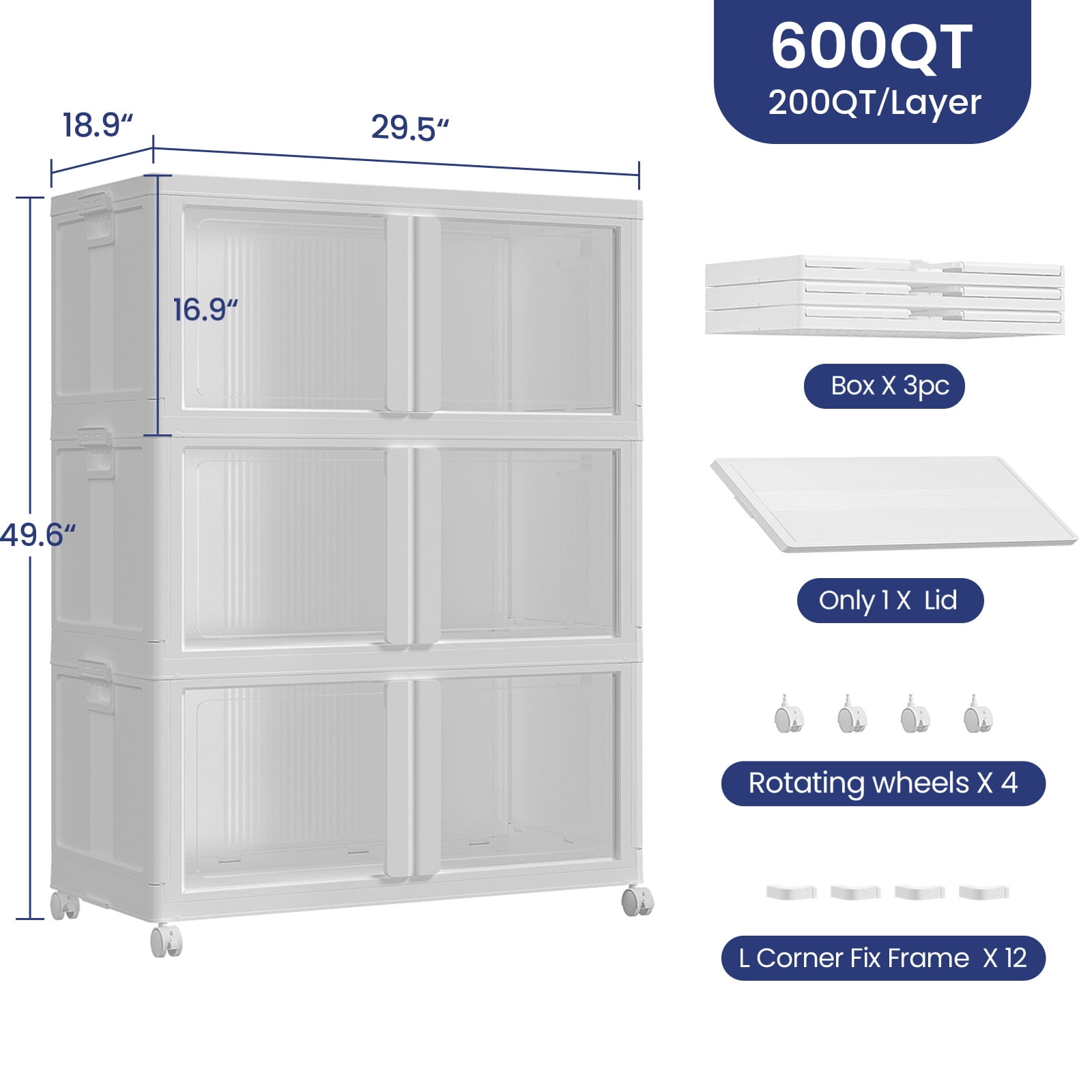 Fangtueh Large Stackable Storage Bins with Lid and Wheels,  Collapsible Foldable Box Closet Organizers, Folding Plastic Cabinet Cube Drawer for Kitchen Bedroom Living Room,White,50Gal-3Pack